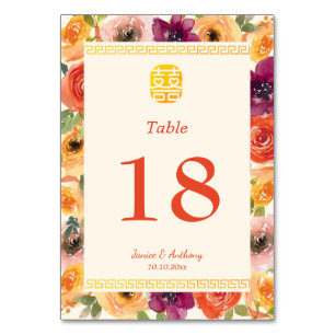 Colourful floral frame beige Chinese wedding Table Number