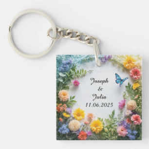 Colourful Floral Frame with Blue Butterfly Keychain