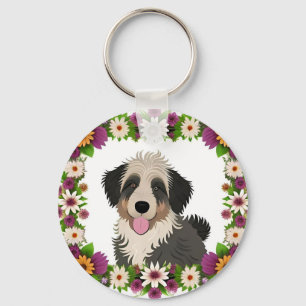 Colourful Floral Frame with Cute Dog Illustration Keychain