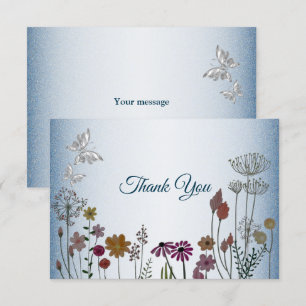 Colourful Floral Garden Blue Shiny Glitter Wedding Thank You Card