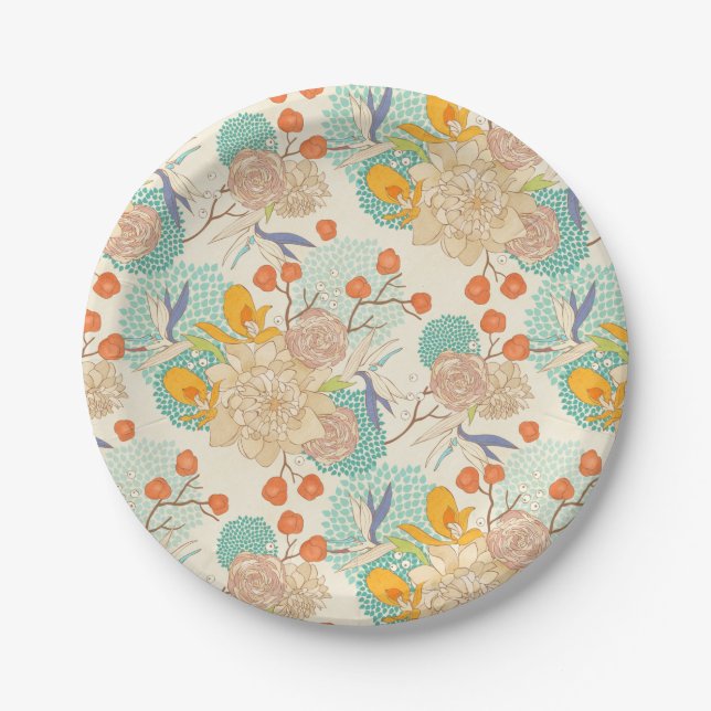 Colourful Floral Garden Pattern Paper Plate (Front)