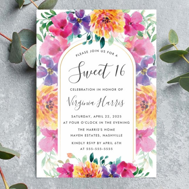 Colourful Floral Garden Sweet Sixteen 16 Birthday Invitation (Creator Uploaded)