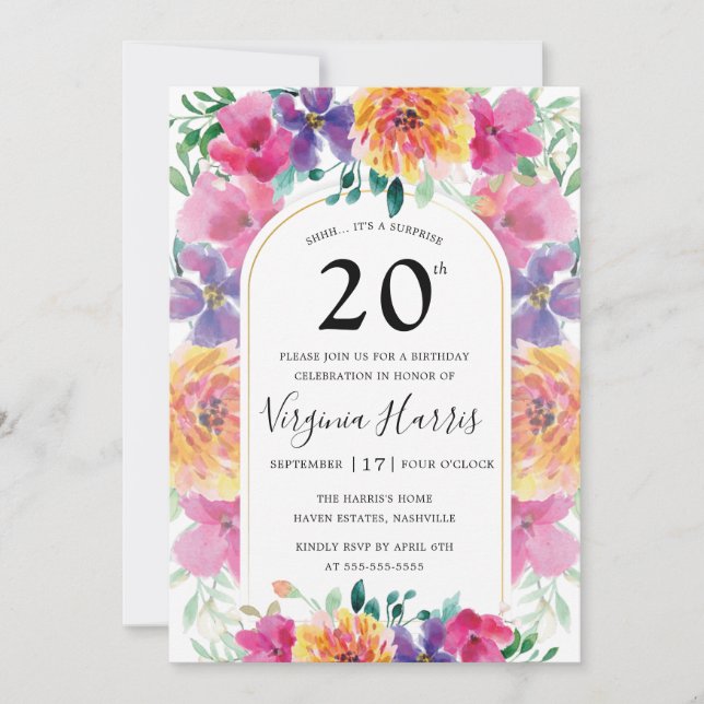 Colourful Floral Garden Twenty 20th Birthday Invitation (Front)