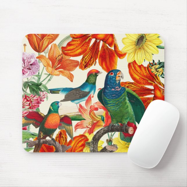 Colourful floral garden with beautiful birds  mouse pad (With Mouse)