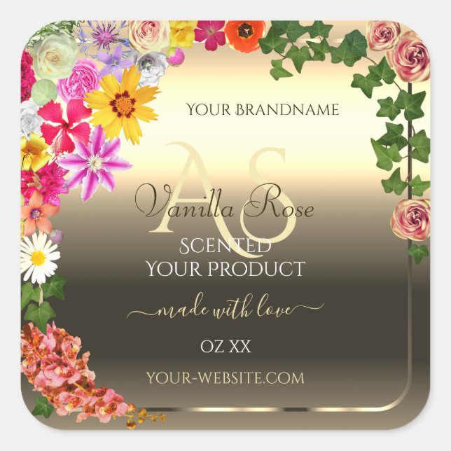 Colourful Floral Gold Product Labels with Monogram (Front)