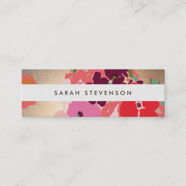 Colourful Floral Gold Striped Fashion and Beauty Mini Business Card (Front)