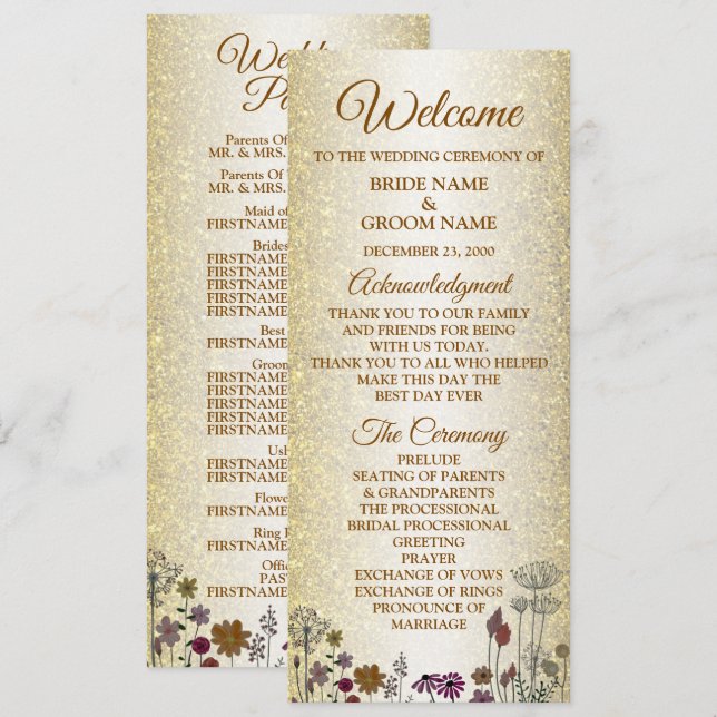 Colourful Floral Golden Glitter Wedding Program (Front/Back)
