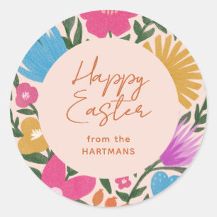 Colourful Floral Happy Easter Name   Orange  Classic Round Sticker