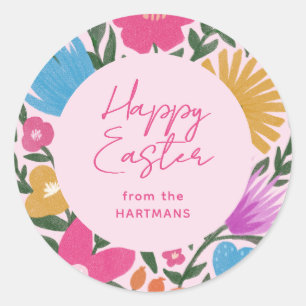 Colourful Floral Happy Easter Name   Pink Classic Round Sticker
