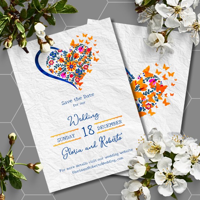 Colourful Floral Heart Mexican Wedding Save Date Invitation (Creator Uploaded)
