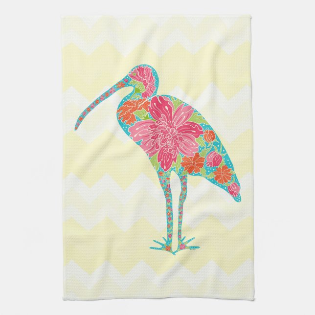 Colourful Floral Ibis Bird Chevron Illustration Kitchen Towel (Vertical)