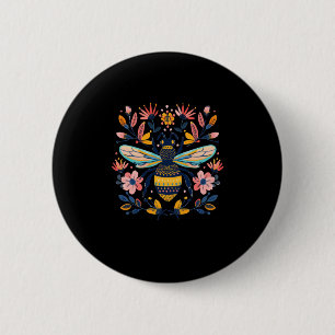 Colourful Floral Illustration Of A Bee Surrounded 2 Inch Round Button