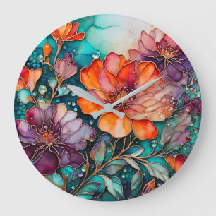 Colourful Floral Ink Art Wall Clock