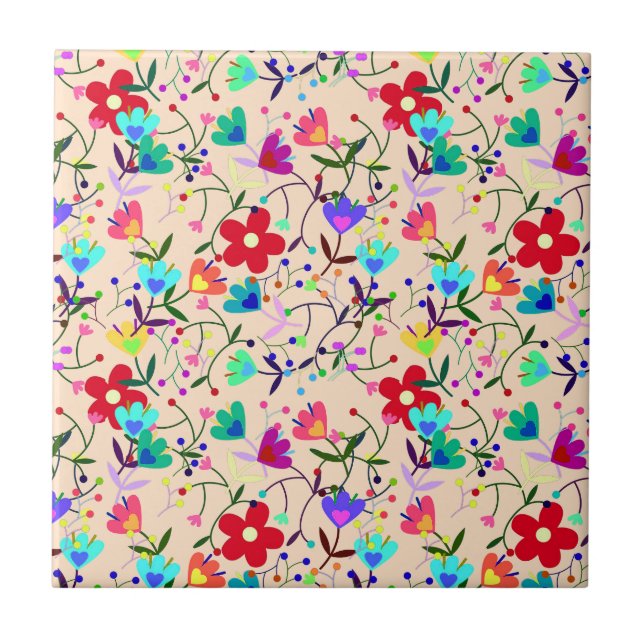 Colourful Floral Leaves Foliage Design Tile (Front)