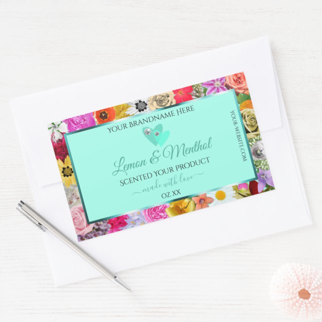 Colourful Floral Light Teal Product Labels Hearts (Envelope)