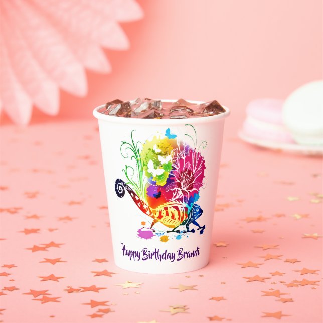 Colourful floral lizard personalized  paper cups (Insitu)