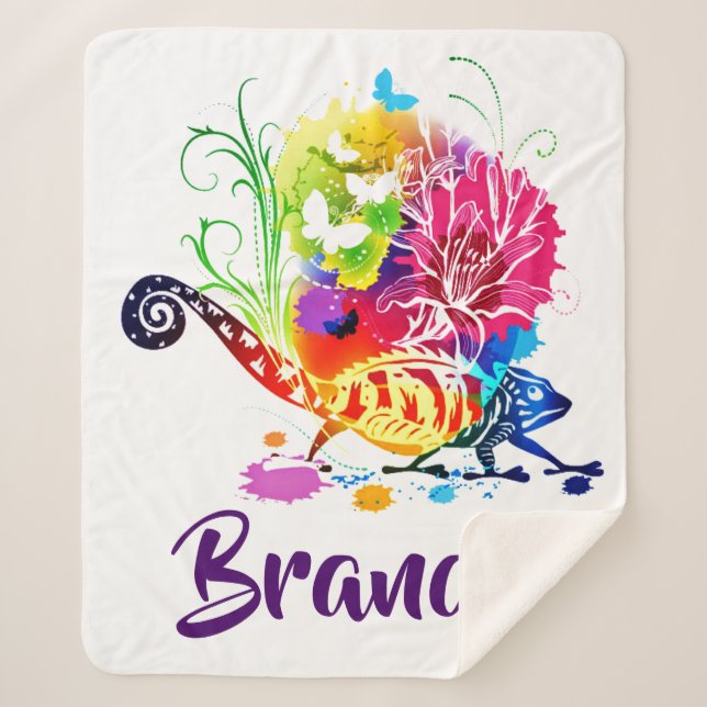 Colourful floral lizard personalized  sherpa blanket (Front)