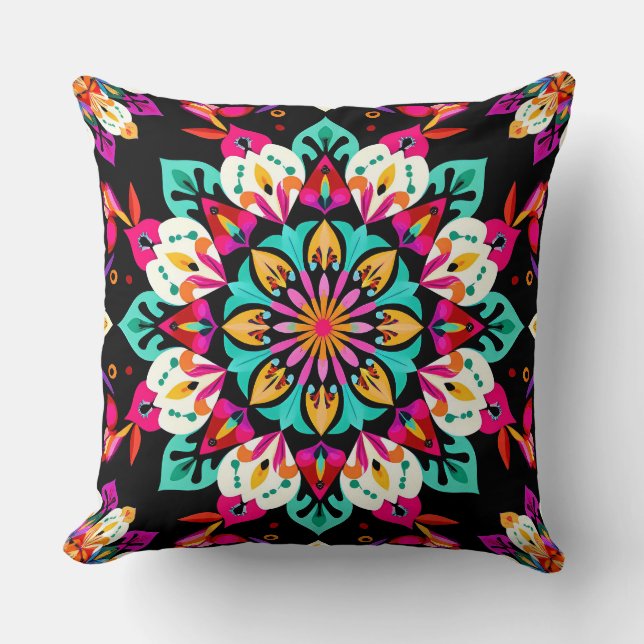 Colourful Floral Mandala Pattern Throw Pillow (Front)