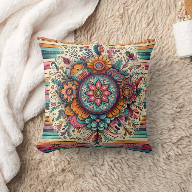 Colourful floral mandala with intricate patterns throw pillow (Blanket)