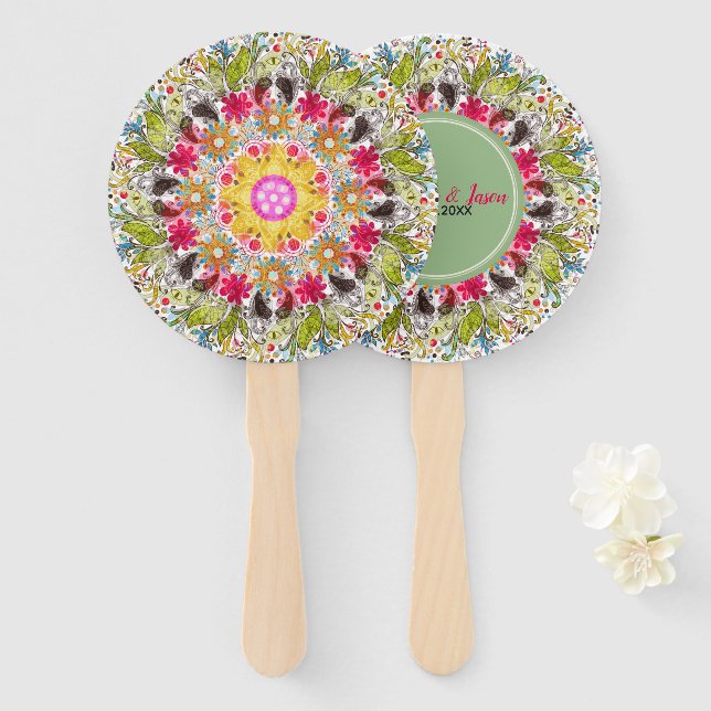 Colourful Floral Mandela Hand Fan (Front and Back)