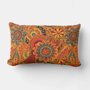 Colourful Floral Mehndi Paisley Bootar Folk Patter Lumbar Pillow