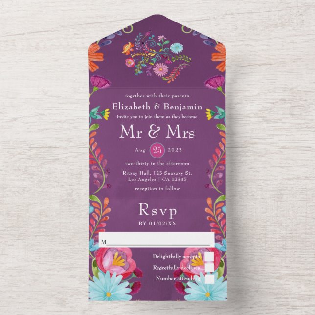 Colourful Floral Mexican Fiesta Wedding All In One Invitation (Inside)