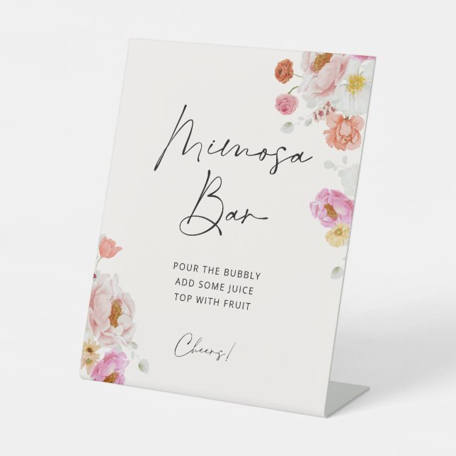 Colourful Floral Mimosa Bar Bridal Shower Pedestal Sign (Front)