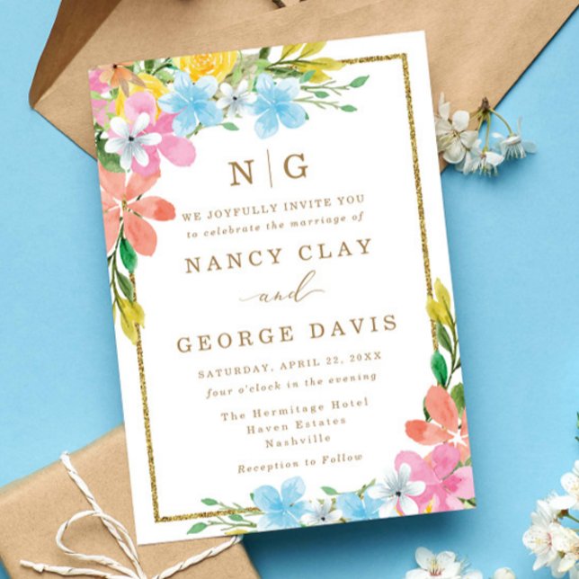 Colourful Floral Monogram Gold Frame Wedding Invitation (Creator Uploaded)