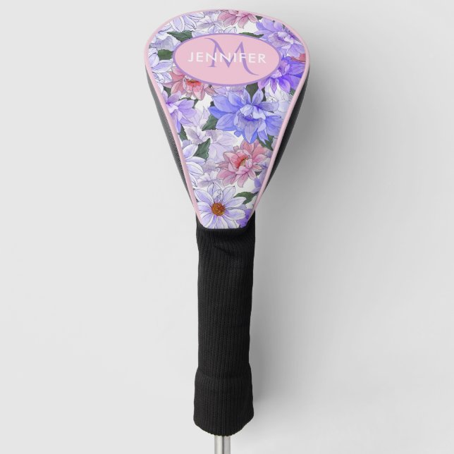 Colourful Floral Monogram Personalized Name Golf Head Cover (Front)