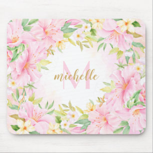 Colourful Floral Monogram Watercolor Botanical Pin Mouse Pad
