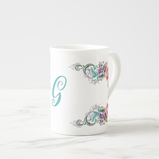 Colourful Floral Monogrammed Bone China Mug (Front Right)