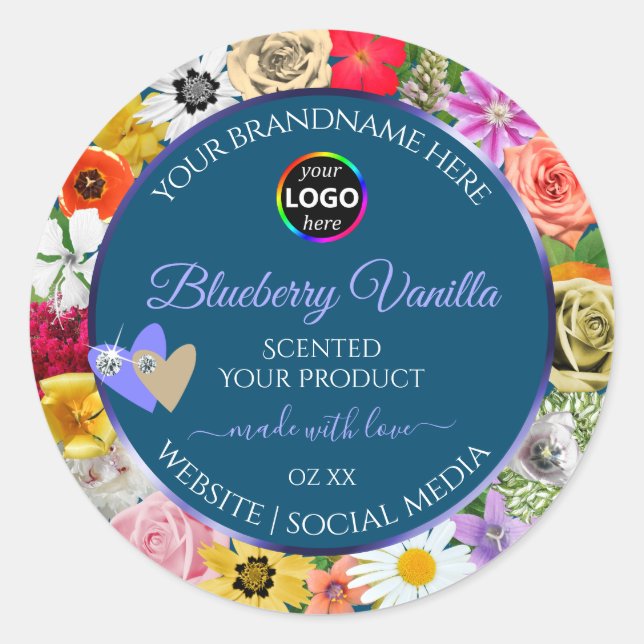 Colourful Floral Ocean Blue Product Labels Add Log (Front)