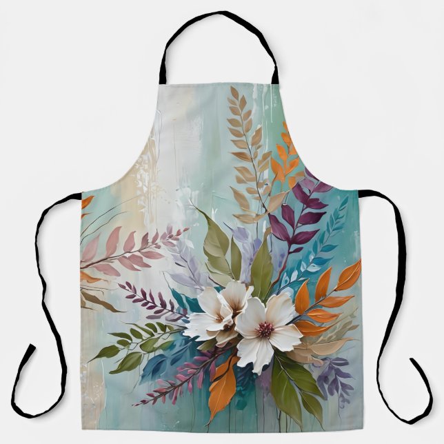 Colourful Floral on Blue Beige White Lavender  Apron (Front)