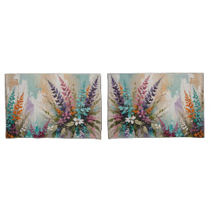 Colourful Floral on Blue Beige White Lavender Pillowcase