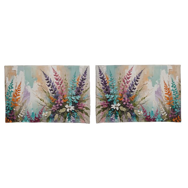 Colourful Floral on Blue Beige White Lavender  Pillowcase (Front-Set)