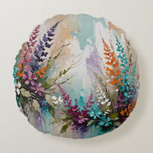 Colourful Floral on Blue Beige White Lavender  Round Pillow