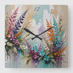 Colourful Floral on Blue Beige White Lavender Square Wall Clock
