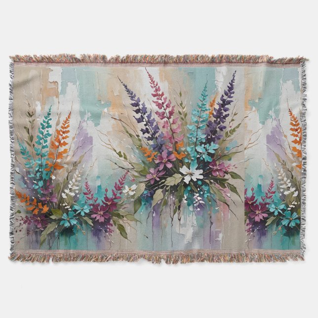 Colourful Floral on Blue Beige White Lavender Throw Blanket (Front)