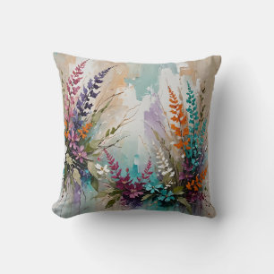 Colourful Floral on Blue Beige White Lavender Throw Pillow