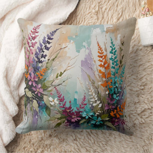 Colourful Floral on Blue Beige White Lavender  Throw Pillow