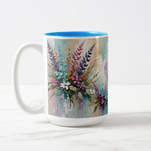 Colourful Floral on Blue Beige White Lavender Two-Tone Coffee Mug