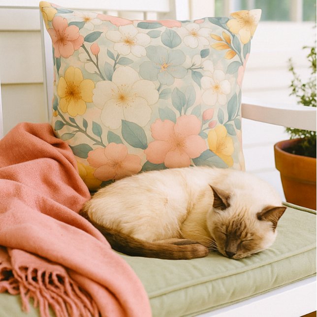 Colourful Floral on Light Grey  Outdoor Pillow (Cozy moments on the porch with floral throw pillow and your cat )