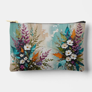 Colourful Floral on Teal Blue Beige  Accessory Pouch