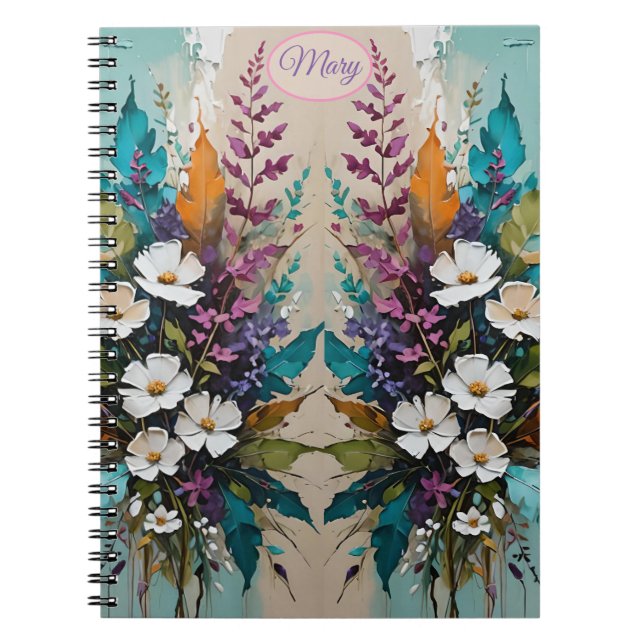 Colourful Floral on Teal Blue Beige *Personalize* Notebook (Front)