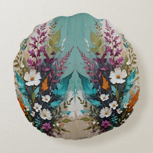 Colourful Floral on Teal Blue Beige Round Pillow