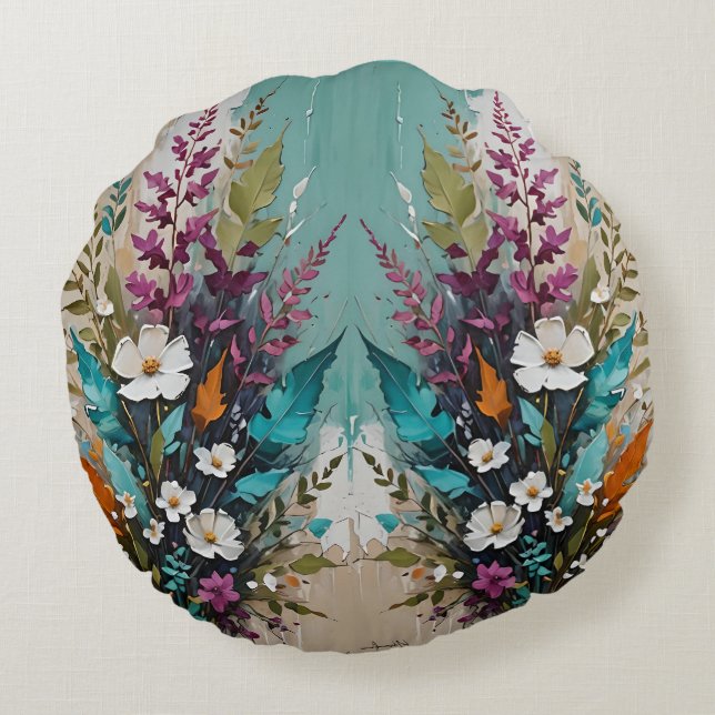 Colourful Floral on Teal Blue Beige  Round Pillow (Back)