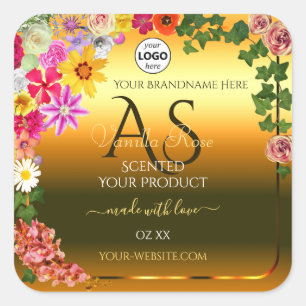 Colourful Floral Orange Product Label Initials Log