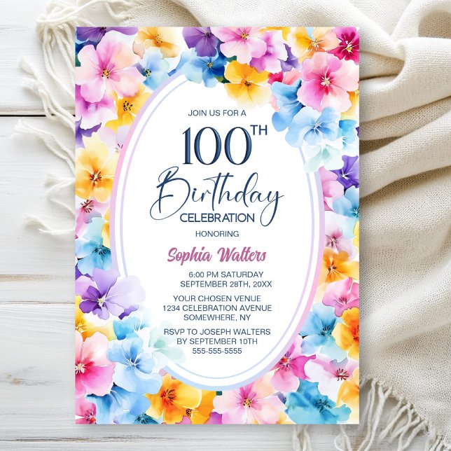 Colourful Floral Oval 100th Birthday Party Invitation (Creator Uploaded)