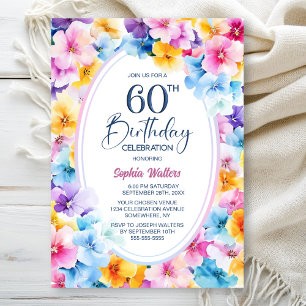 Colourful Floral Oval 60th Birthday Party Invitation