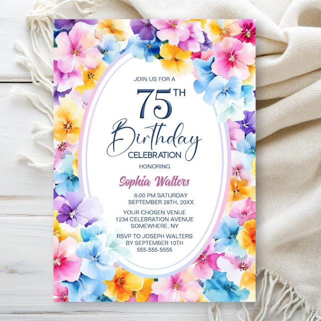 Colourful Floral Oval 75th Birthday Party Invitation (Creator Uploaded)